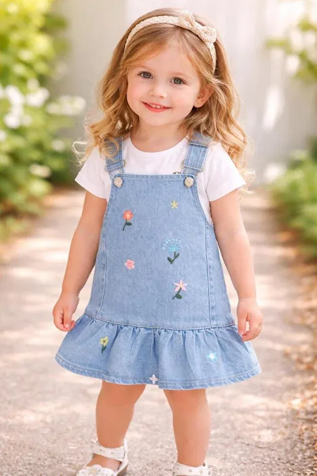 Детское платье для девочек с вышивкой Flower Embroidered Dress Pollito, Blue
