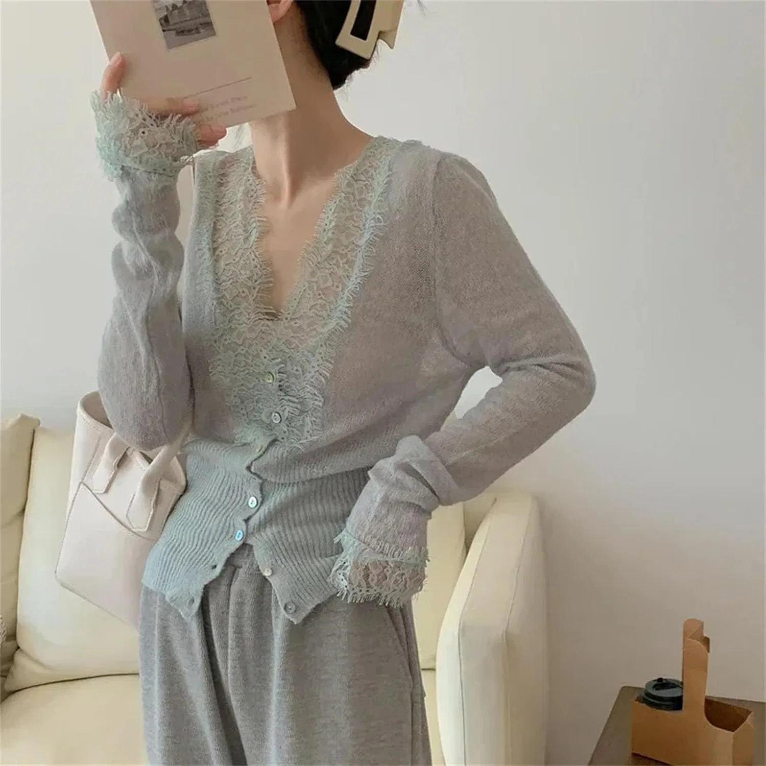 Женский кардиган Vintage Lace Knitted, розовый — фото 4