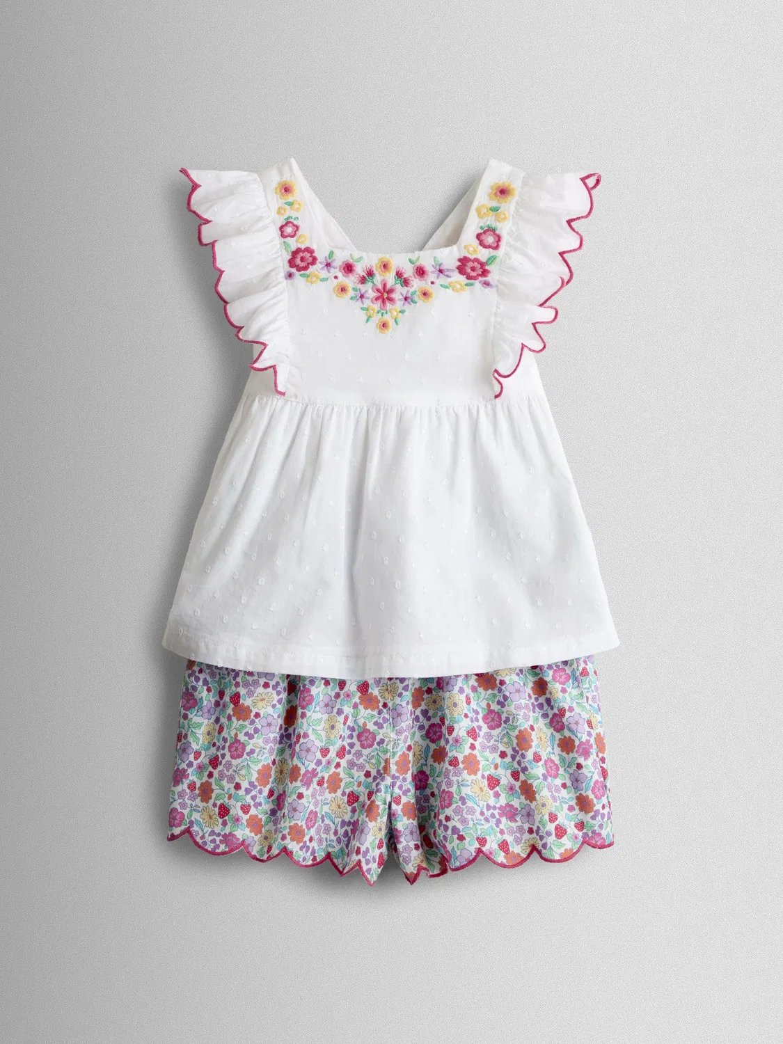 Комплект из топа и шорт с вышивкой, JoJo Maman Bébé, White Strawberry Floral — фото 2