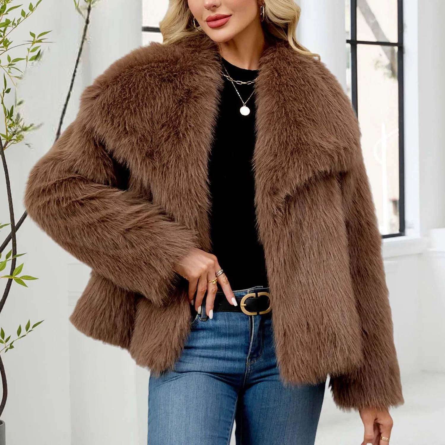 Женское пальто с длинным рукавом Winter Coats Women UK Short Faux Fur Jacket, B kaki — фото 2