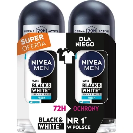 Антиперспирант-ролик 50 мл с длительным действием Black & White Invisible Fresh Duo Nivea, Black & White Invisible Fresh Duo