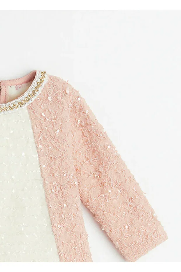 Детское платье для девочек с длинным рукавом Floral Embroidered Crew Neck Dress For My Baby, Pink — фото 2
