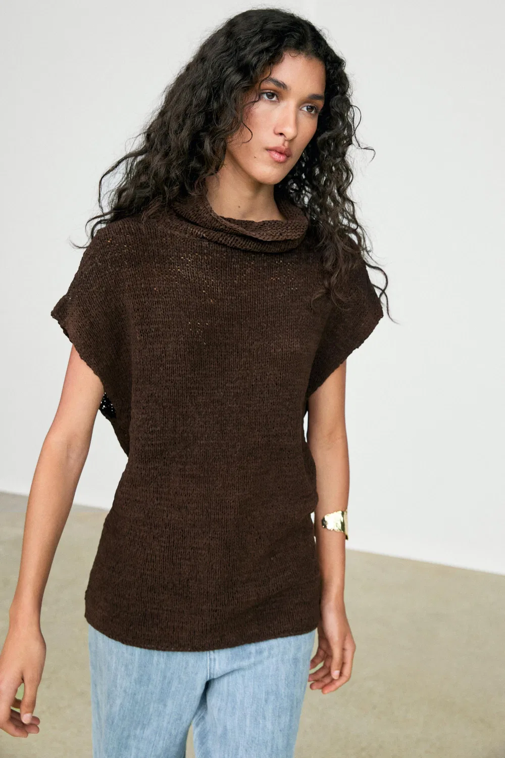 Вязаный кожаный трикотажный топ Massimo Dutti, коричневый — фото 2
