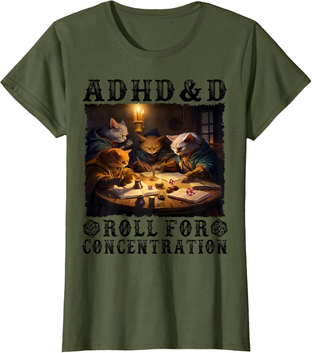 

Женская футболка Funny Tees Gamer RPG Apparel Cats RPG Gamer Roll For Concentration, оливковый