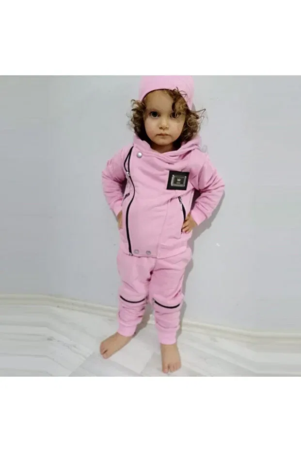 Детский спортивный костюм для девочек с принтом 3 piece girls' tracksuit with 3 embroidered logos Modavals, Pink — фото 2