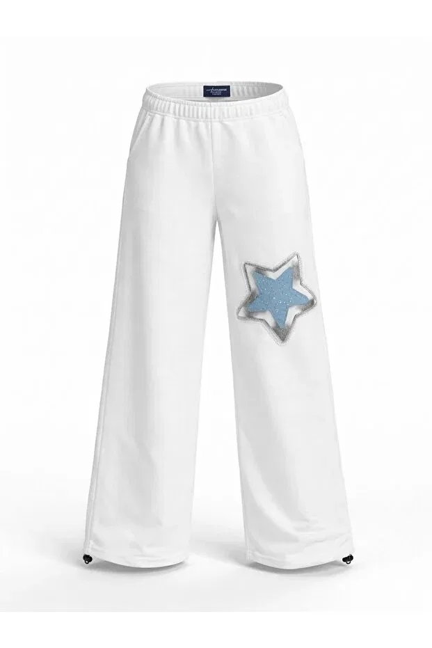 Детские спортивные штаны для девочек с принтом Wide Leg Sweatpants With Star Appliqué Lolliboomkids, White