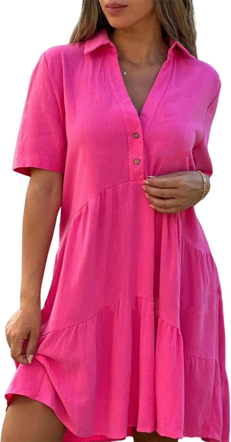 Женское платье миди поло из льна с хлопком, Pink