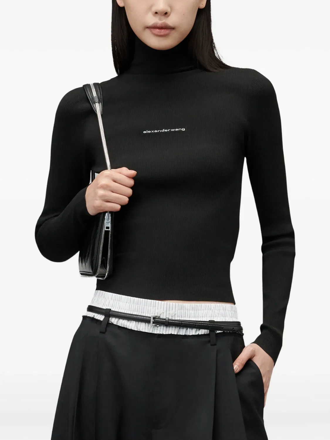 Топ LS с высоким воротником и жаккардовым логотипом Alexander Wang, черный — фото 4