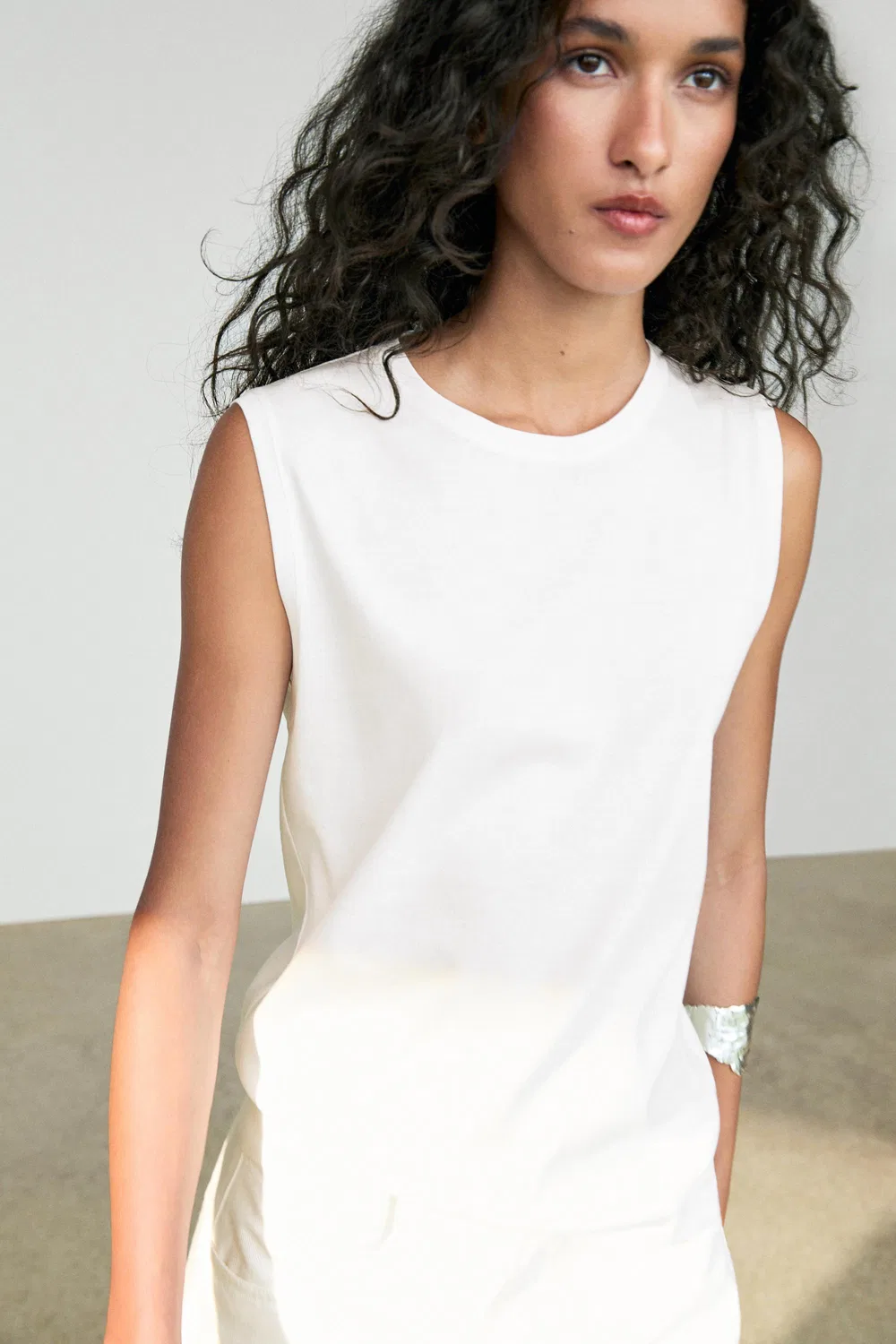 Топ Massimo Dutti 100% Cotton Sleeveless, белый — фото 3