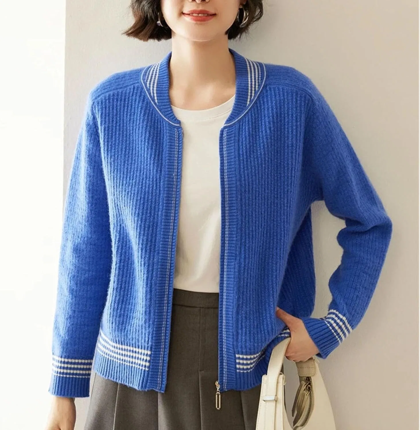 Женский кардиган с молнией, с длинным рукавом, Cashmere Thick Sweater, белый — фото 2