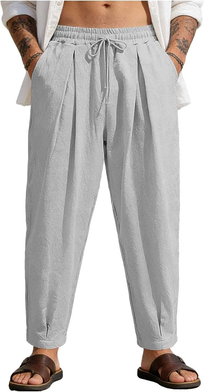 Мужские хлопковые льняные брюки с эластичной талией, Gray Linen Pants Men