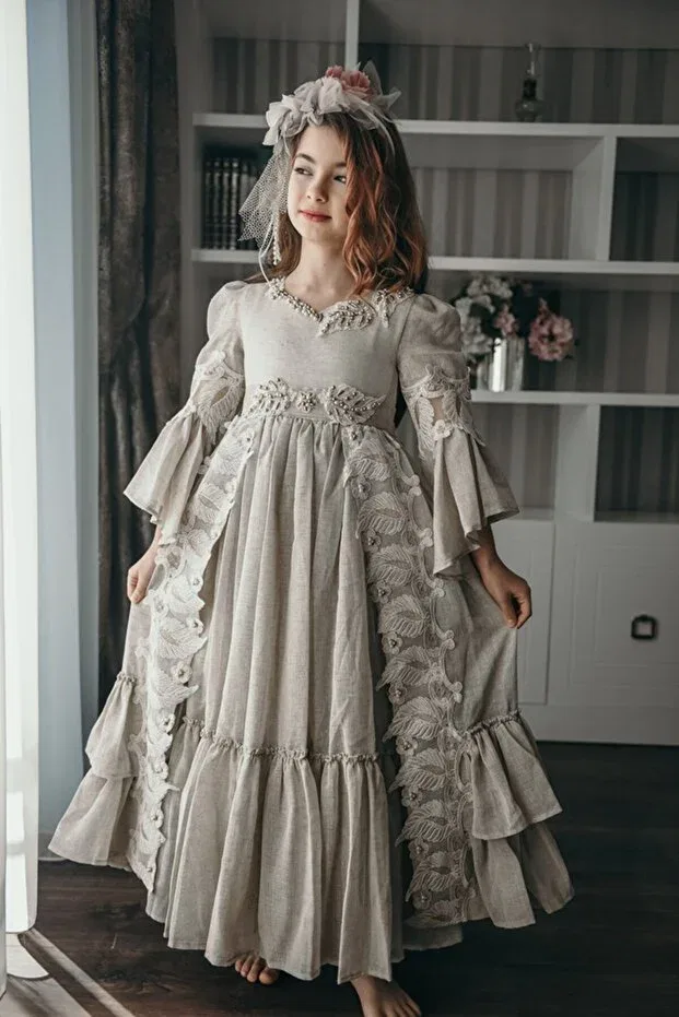 Детское платье для девочек с длинным рукавом Special Design Long Girl's Birthday Dress With Crown Accessories Mialora Exclusive By Emel Ebru Özdemir, Beige — фото 3