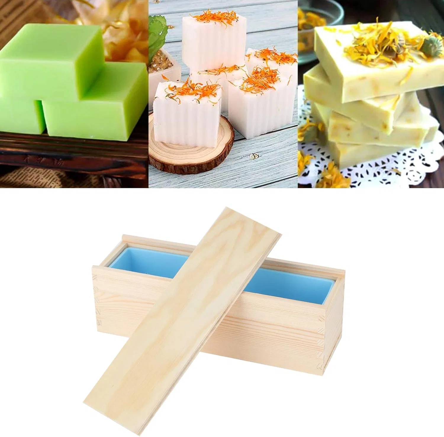 Форма для мыла DIY с розой, деревянная коробка, силиконовая вставка, Zonizforceal, 28.2x9x9 см, Голубая — фото 2