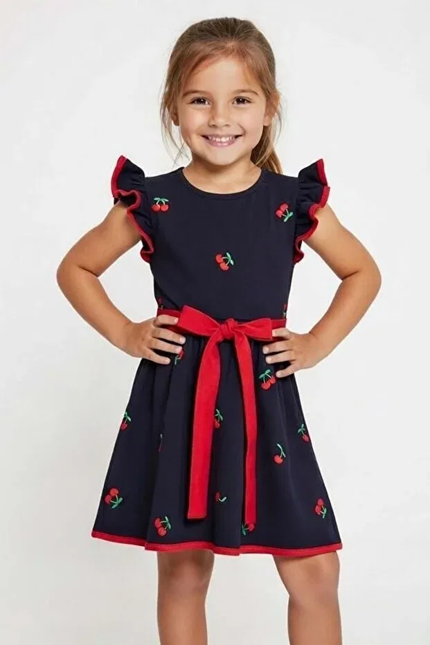 Детское платье для девочек хлопковое Cherry Print And Ruffle Sleeveless Waist Tie Navy Blue Dress Arydy, Navy Blue — фото 3