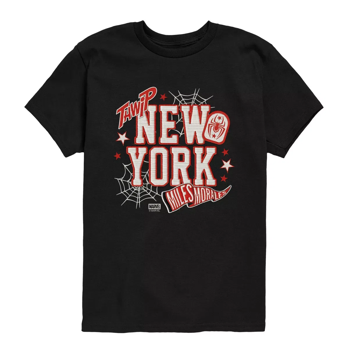 Детская футболка для мальчиков с принтом Marvel NYC Miles Morales Faux Patches, Черный