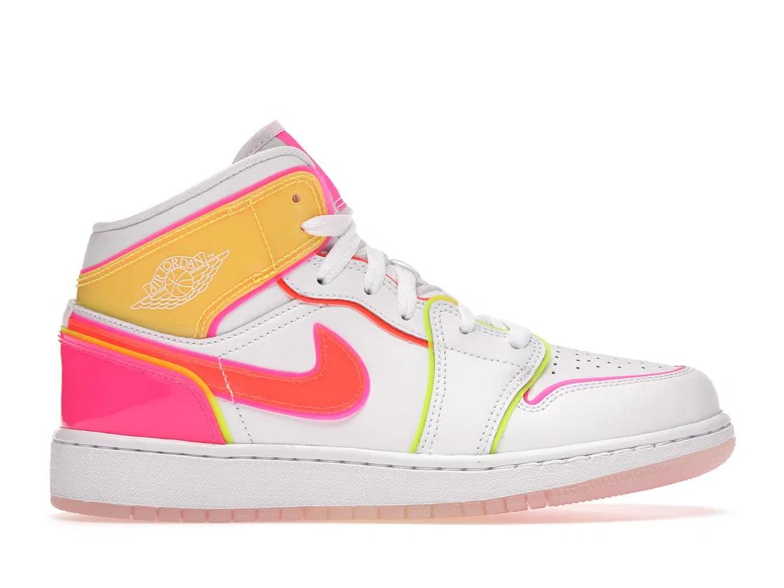 Детские кроссовки для мальчиков с контрастной отделкой Jordan 1 Mid Edge Glow (GS) Jordan, White/Hyper Crimson/Pink Blast