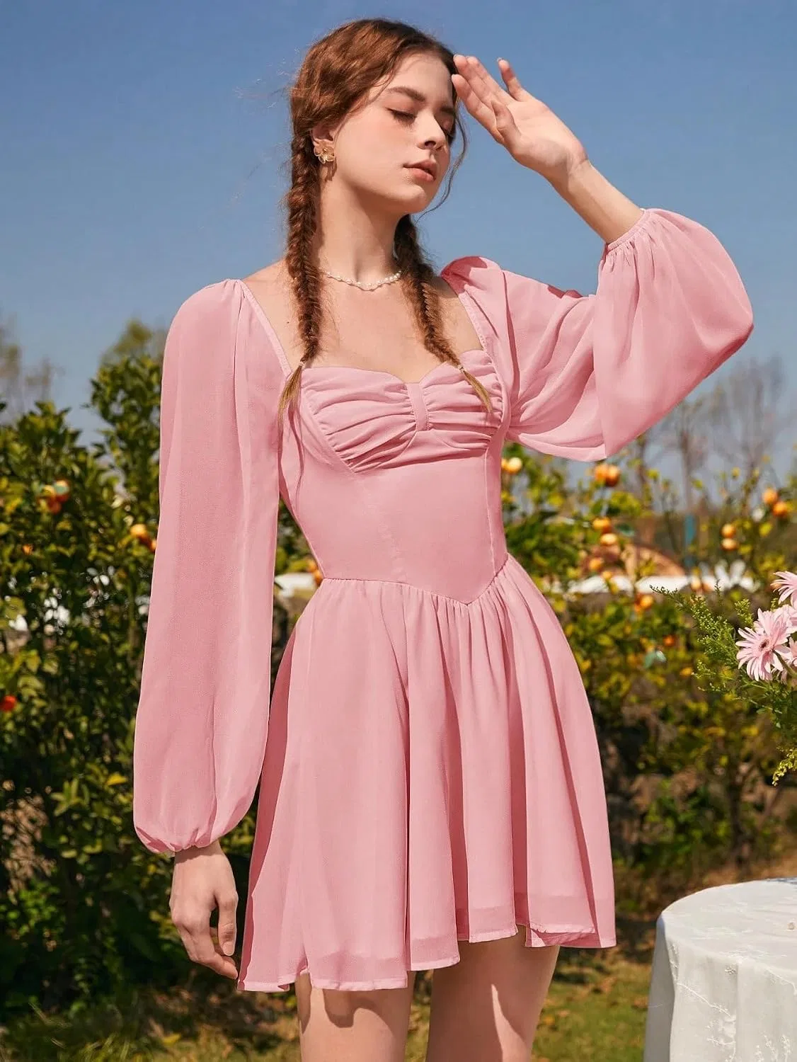 Женское повседневное платье A-силуэта с рукавами-фонариками, Coral Pink — фото 3