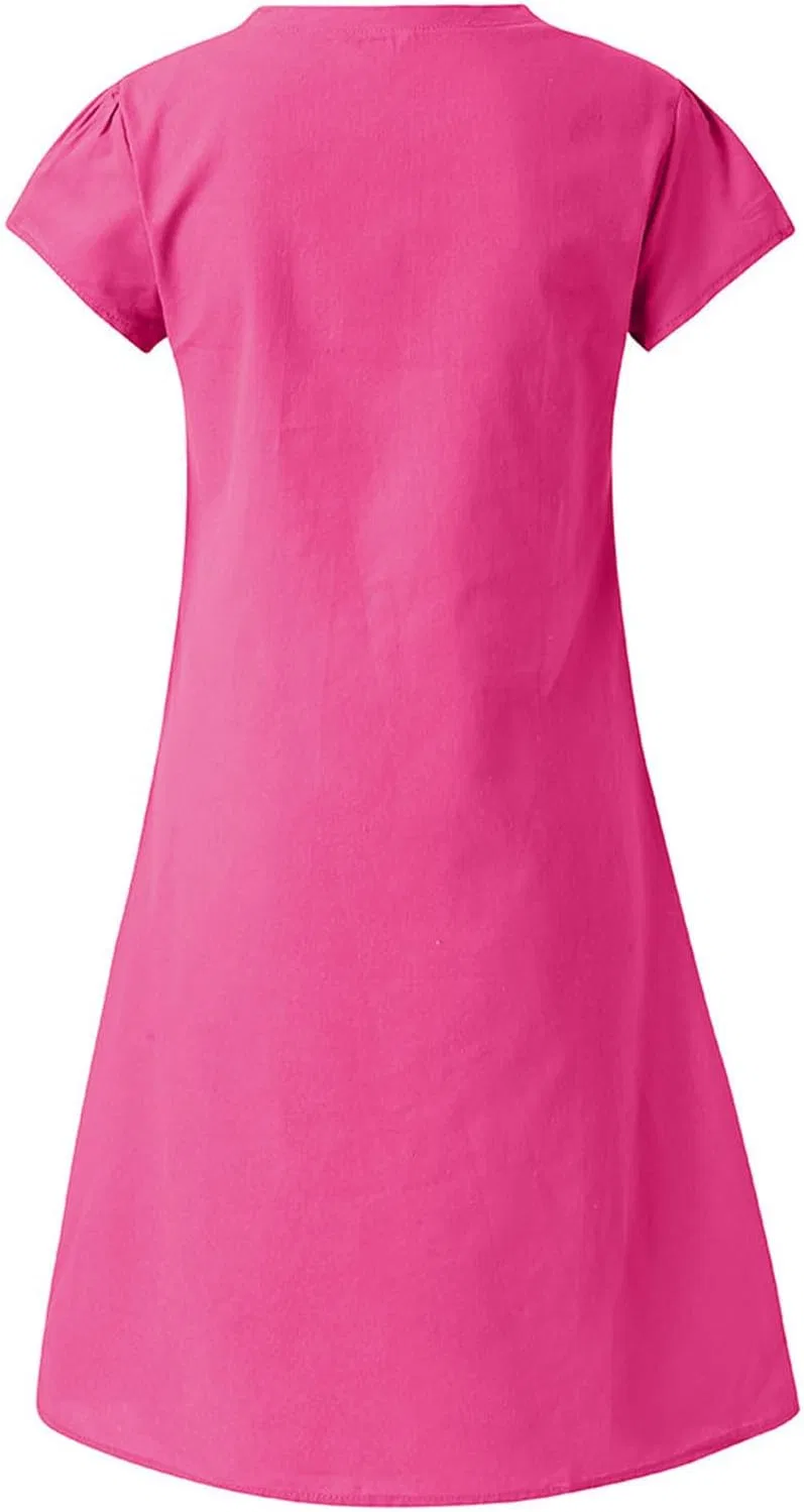 Женское летнее платье из хлопка и льна с V-образным вырезом, Hot Pink — фото 4