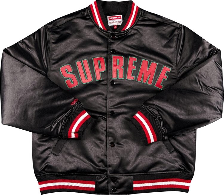 

Куртка Supreme x Mitchell And Ness Satin Varsity Jacket 'Black', черный