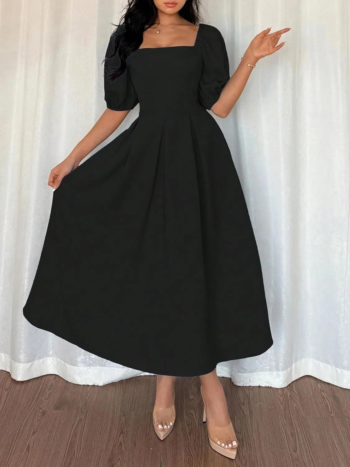 Женское повседневное платье миди с рюшами A-силуэта, Black — фото 4