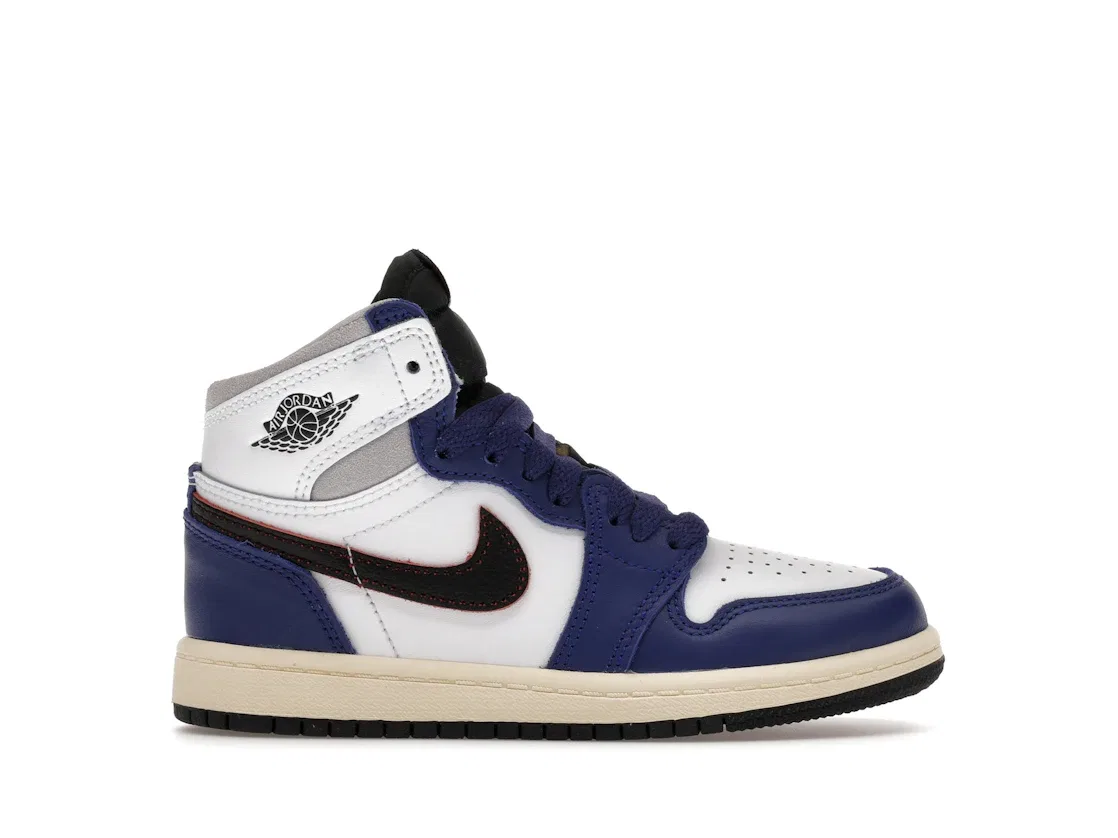 Детские кроссовки высокие с брендовым дизайном Jordan 1 Retro High OG Jordan, White/Black-Neutral Grey-Deep Royal Blue-Muslin