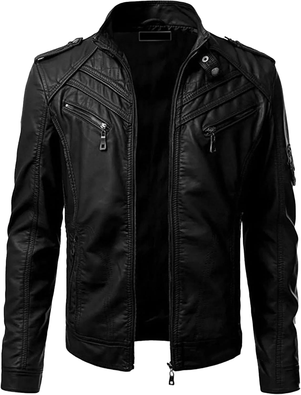 Мужское кожаное пальто с воротником-стойкой, Moto Leather Jacket, чёрный