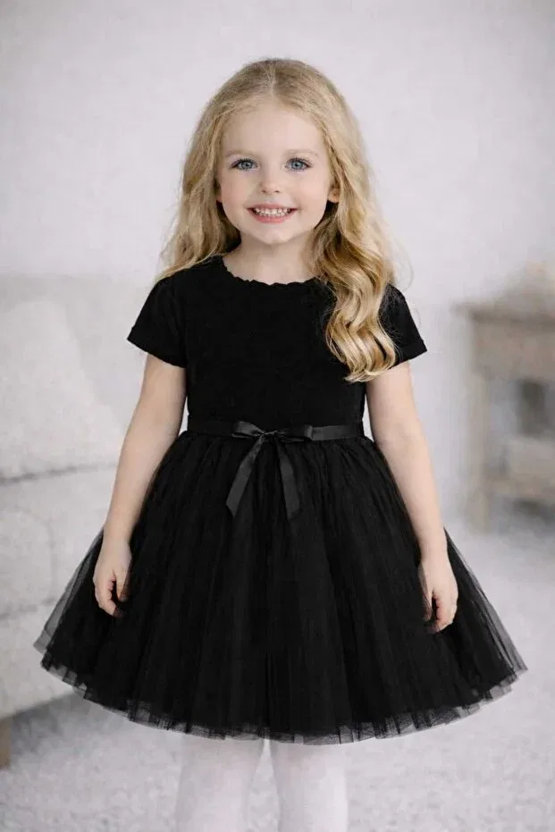 Детское платье для девочек с принтом Vera short sleeve girls' princess fluffy tutu dress plain stretchy lycra black tutu dress Şirin Şeyler Butiği, Straight-Black-Short