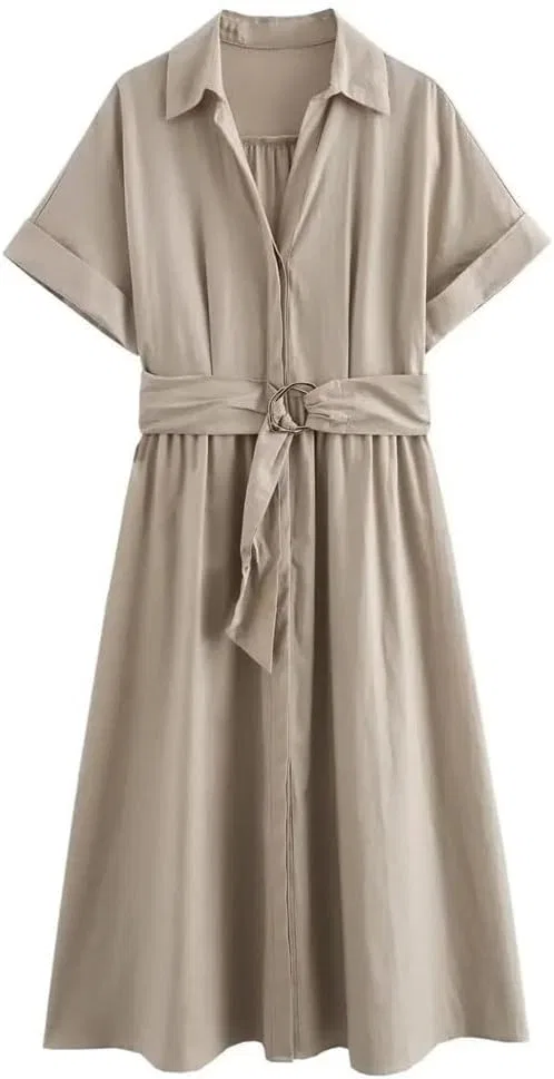 Женское платье-рубашка с поясом Linen Short Sleeve Lapel Belt Pleated Shirt Dress — фото 3