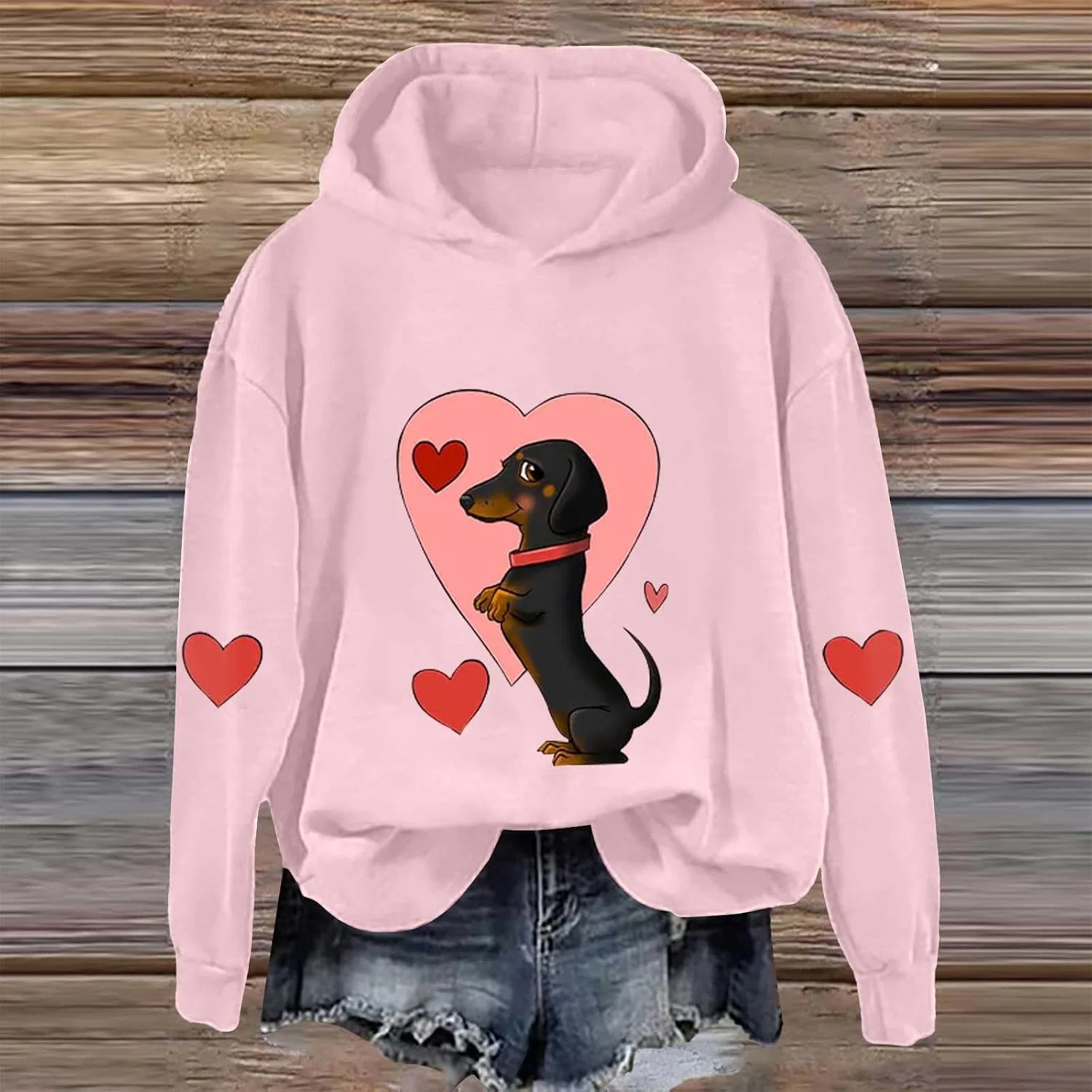 Женский свитшот с принтом Dachshund Hoodie, розовый — фото 2