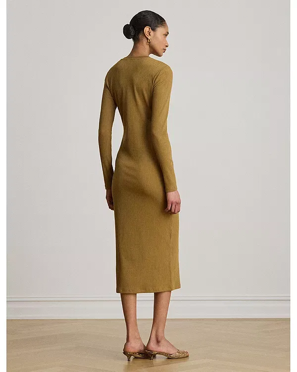 Женское платье с рифленым трикотажем Petites Ribbed Henley Midi Dress Ralph Lauren, Bronze — фото 3