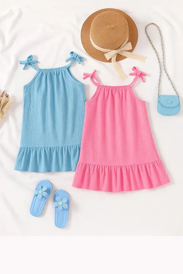 Детское платье для девочек с воланами Relaxed cut ruffled rope strap woven fabric 2-piece children's dress Machetta, Candy Pink-Baby Blue