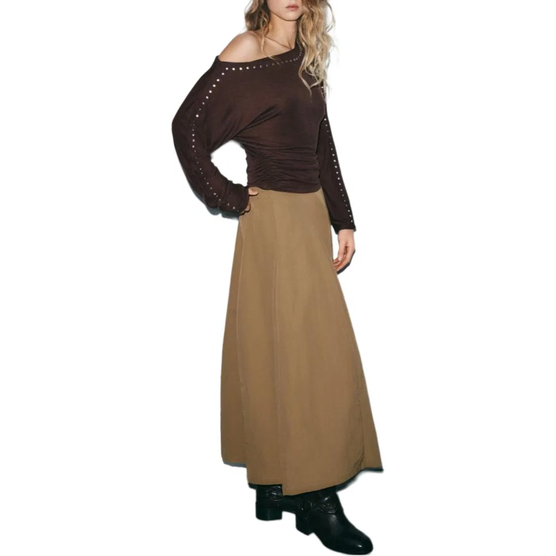 Женская повседневная юбка-трапеция длины миди с моделью ZARA, Dark Beige — фото 4