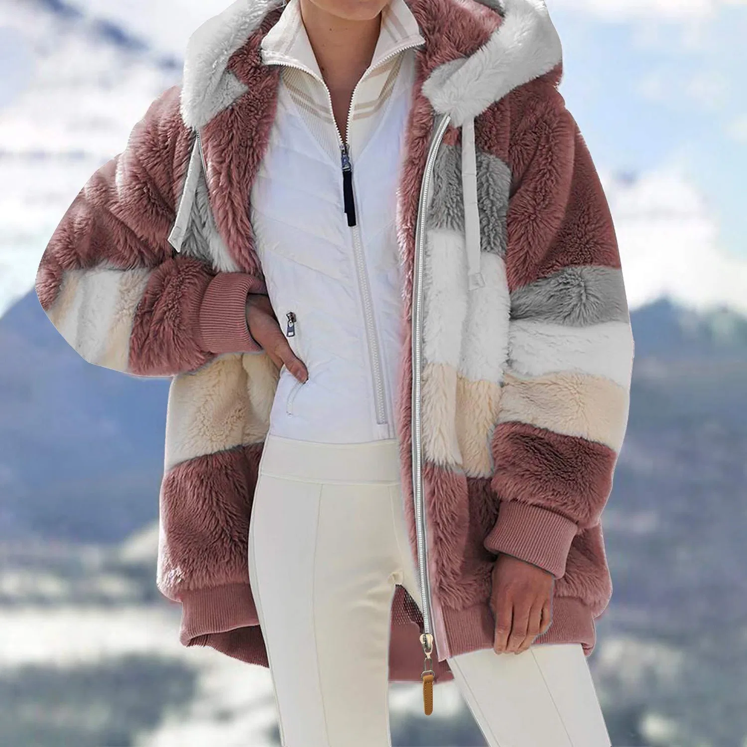 Женская утеплённая куртка с капюшоном и принтом, модель Ladies Long Fleece Jacket Hooded Transition Jacket Button Down Plush Soft Winter Oversized Hooded Jacket Large Size, grigio — фото 2