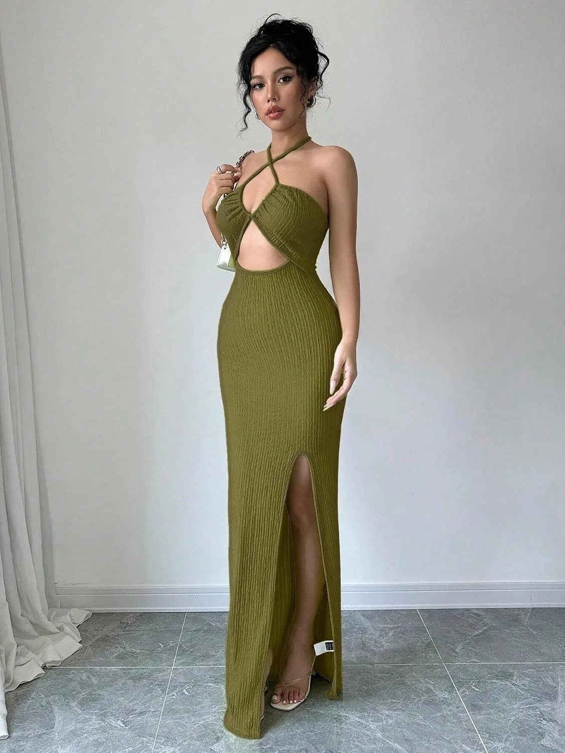 Женское облегающее платье-макси с разрезом на бедре, Army Green — фото 4