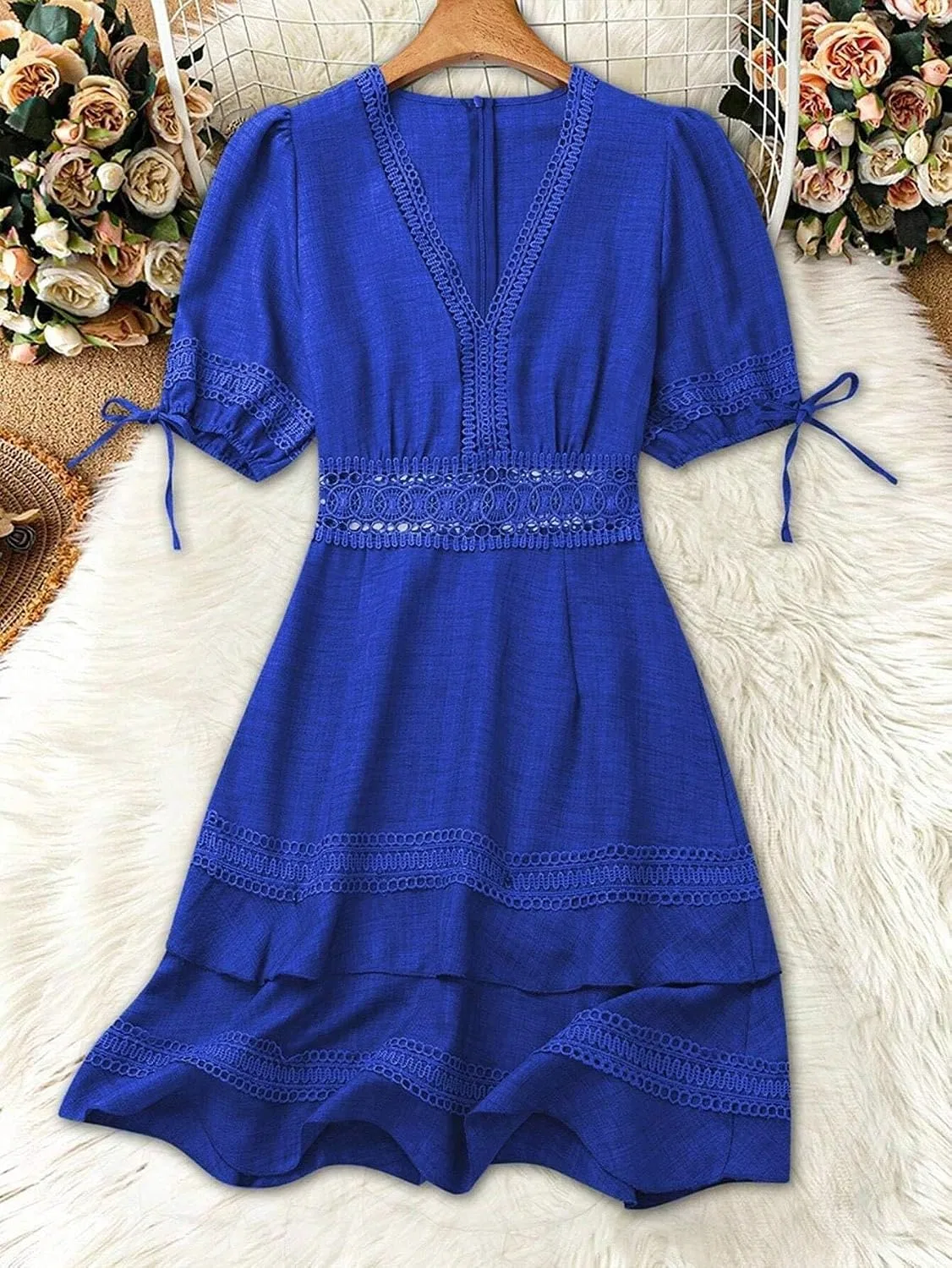 Женское повседневное платье А-силуэта с кружевом и рюшами, Royal Blue — фото 3