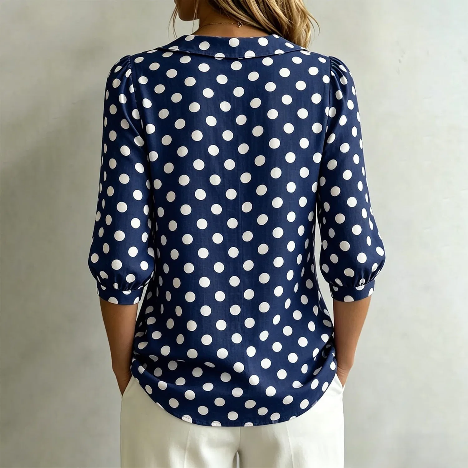 Женская блуза с коротким рукавом на пуговицах, Polka Dot - Blue — фото 4