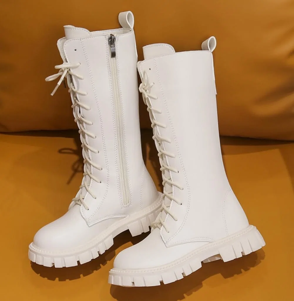 Детские ботинки для девочек на шнуровке с флисовой подкладкой, модель Mid Calf Fleece Lined Leather Shoes, White — фото 2
