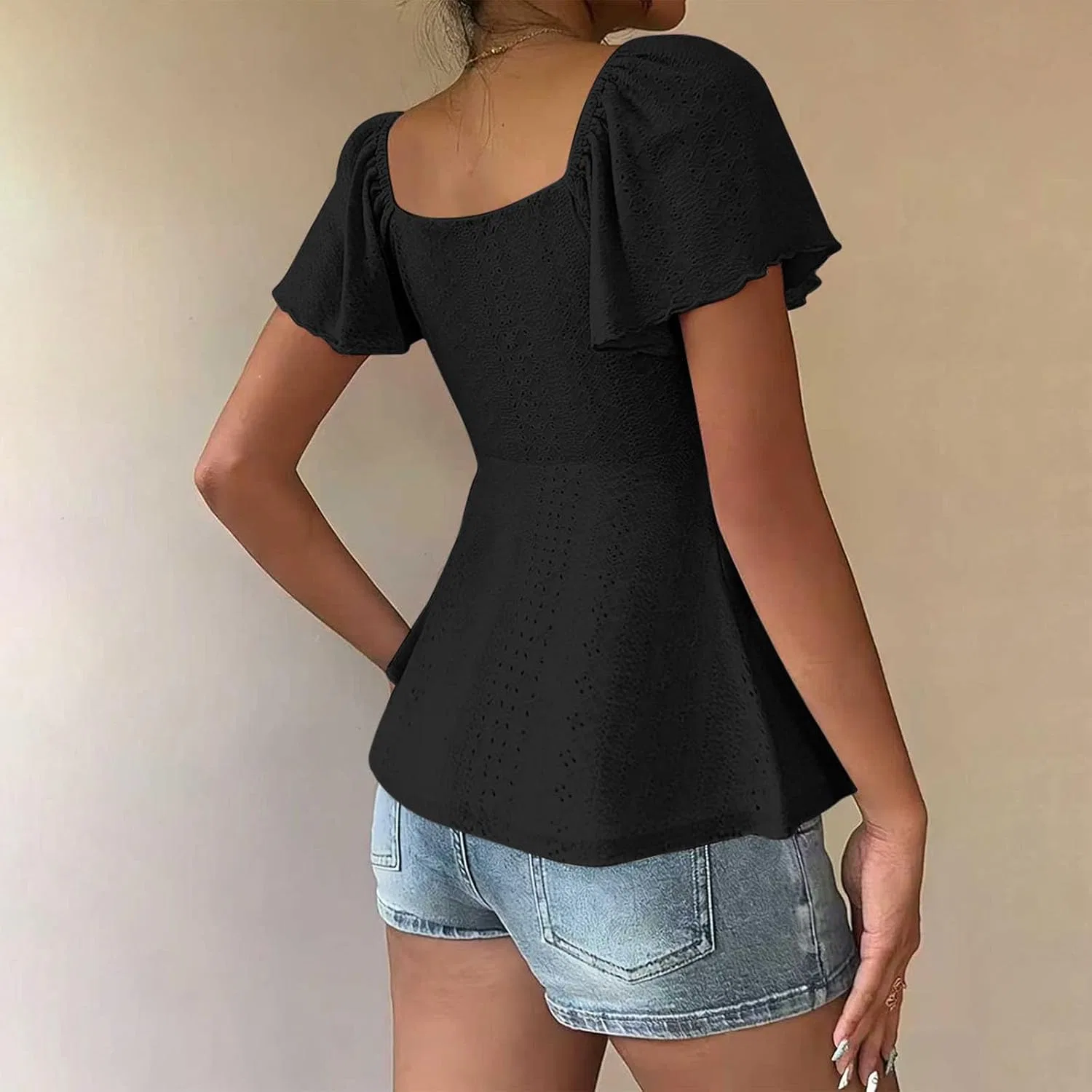 Женская блуза с вышивкой и ажурными вставками, Black — фото 3