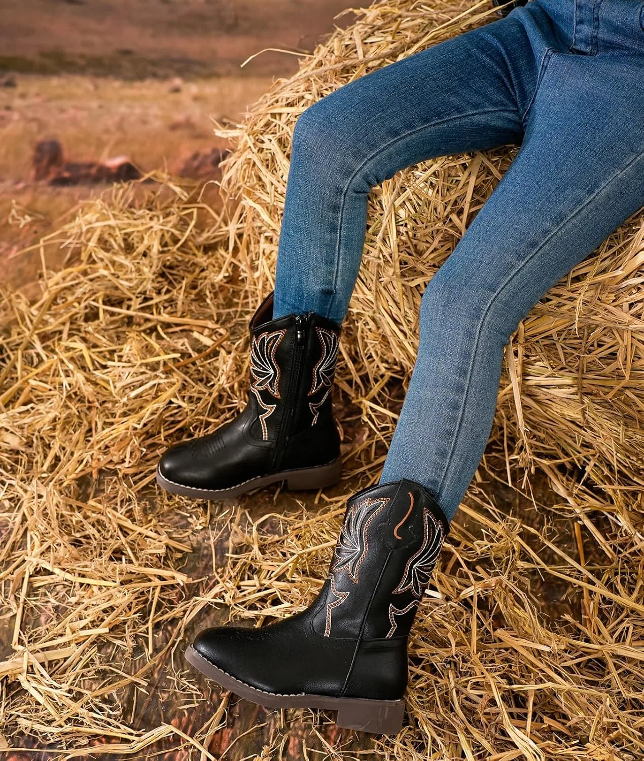 Детские сапоги для девочек с блестками и вышивкой Western DADAWEN, Black — фото 2