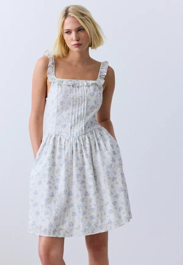 Платье летнее мини с оборкой, Tall fit - frill edge mini summer dress, Next, ecru floral, экрю