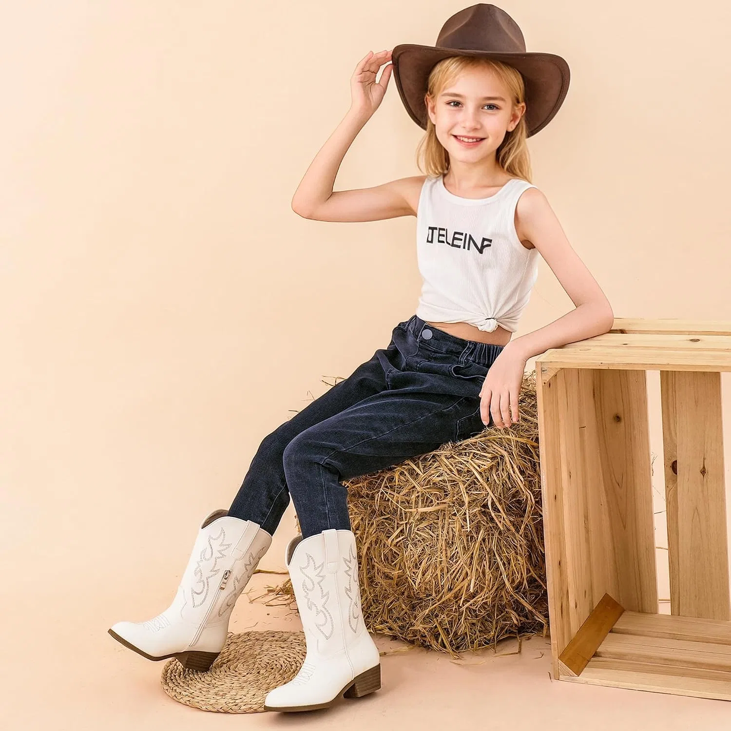Детские сапоги для девочек с принтом Cowboy Boots for Girls Rhinestone Cowgirl Boots Little Big Kid LAURMOSA, White Embroidery — фото 3