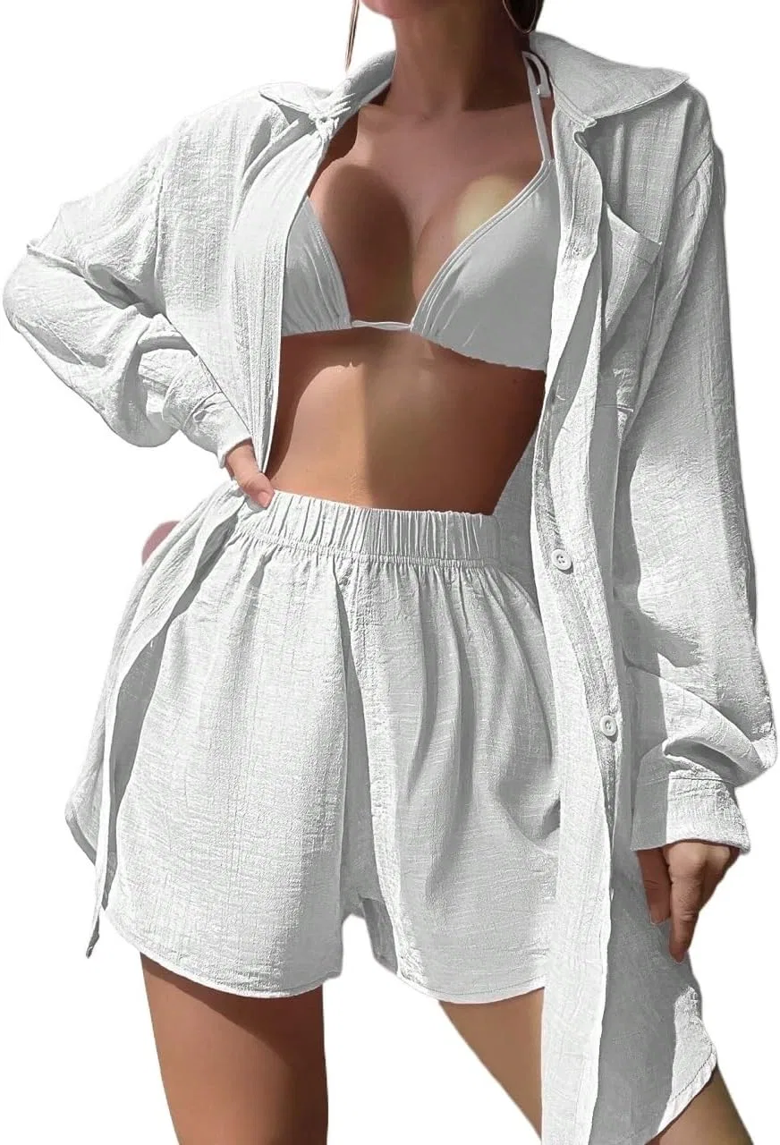 Женский пляжный костюм с рубашкой и шортами, White