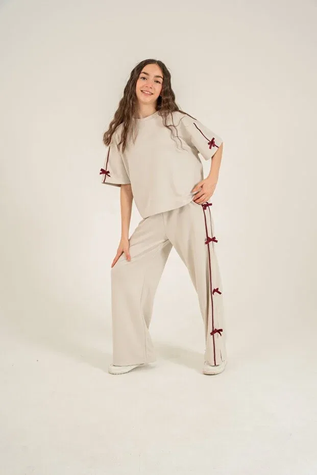 Детский комплект спортивного костюма для девочек с бантами Mışıl Kids, Beige