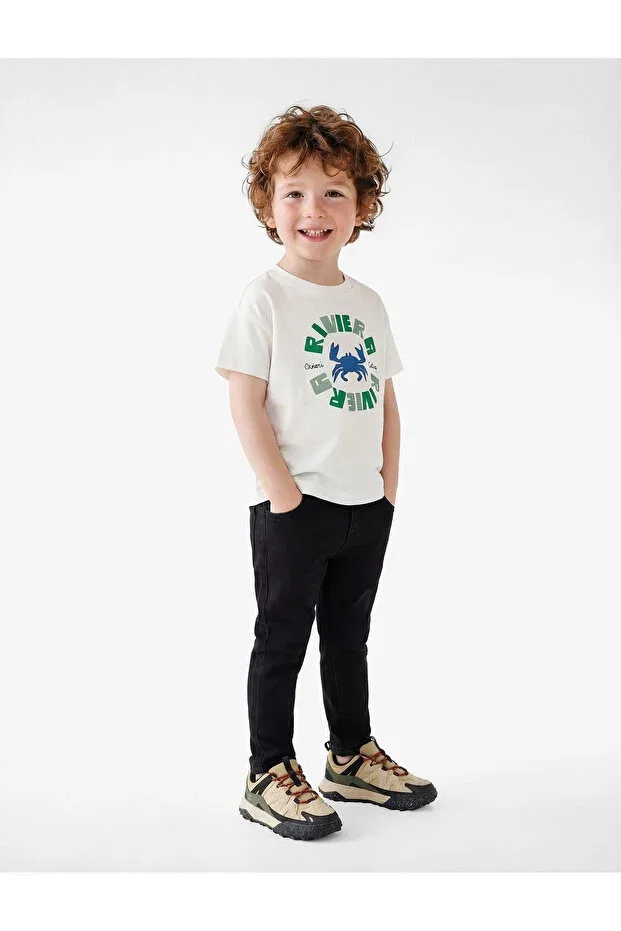 Детская футболка с принтом Cotton Short Sleeve Crew Neck Crab Printed T-Shirt Koton, Ecru