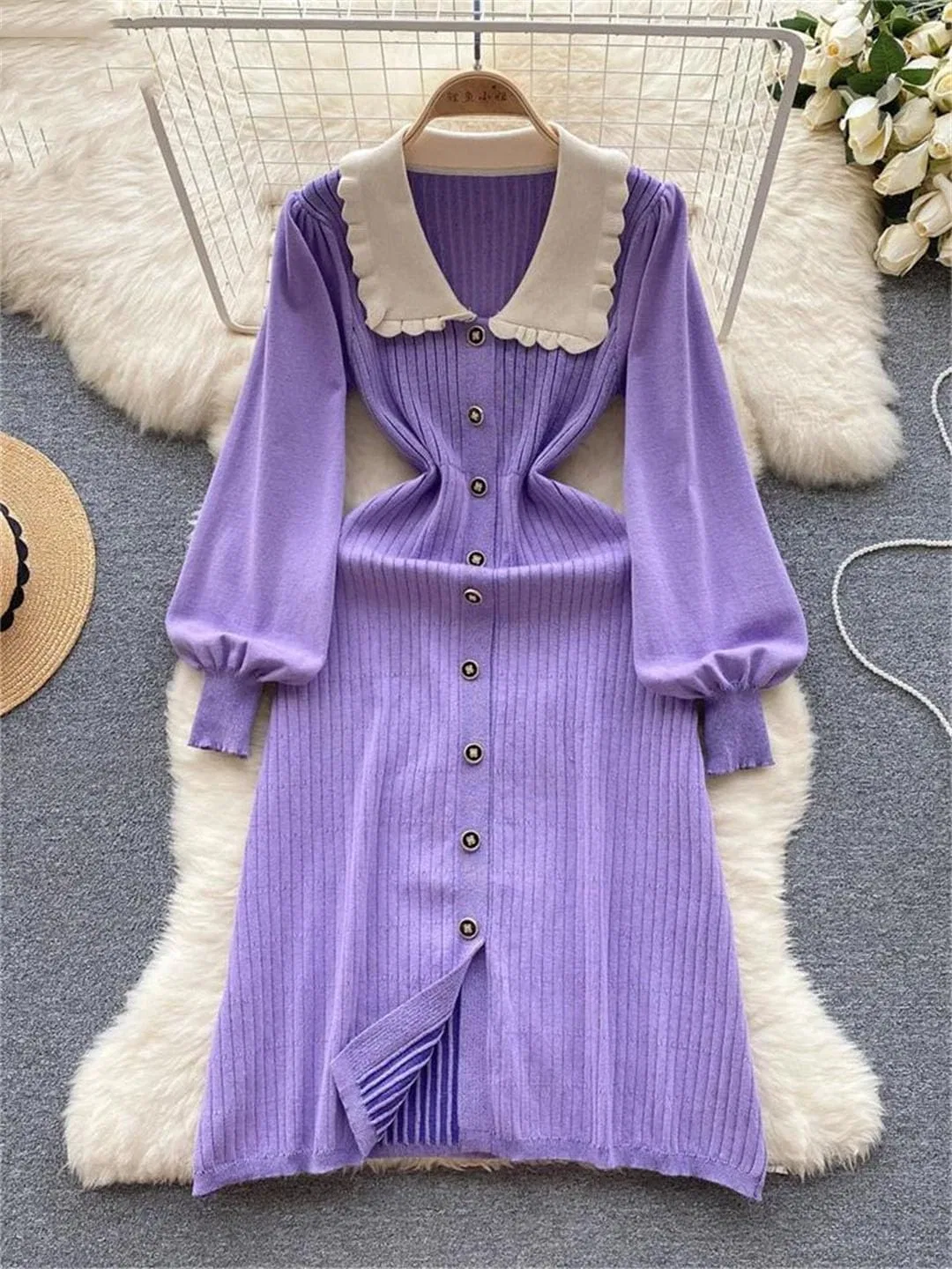Женское платье-свитер цвет-блок с воротником-питерпан, Single Breasted, Purple — фото 2