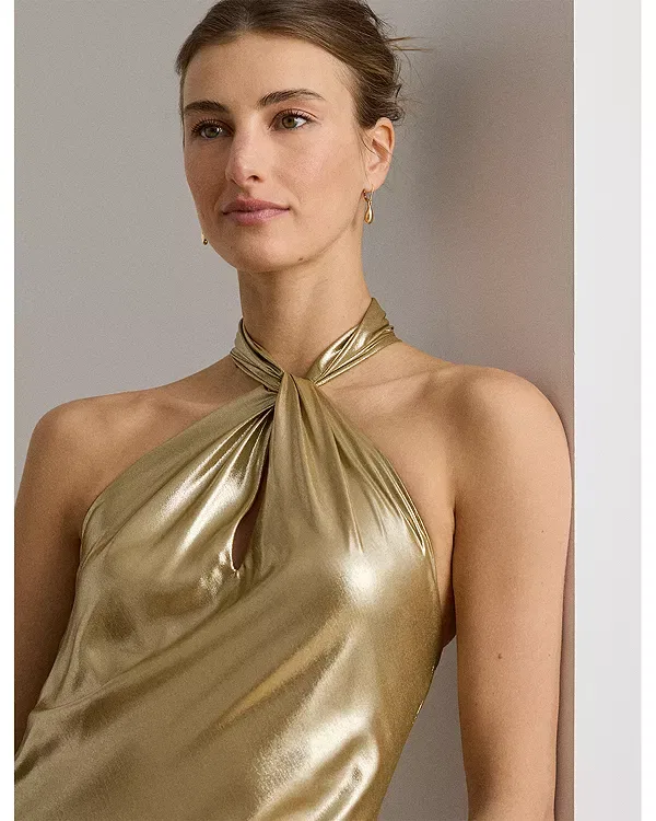 Женское платье-макси с пайетками Metallic Chiffon Halter Gown Ralph Lauren, Tan/Light Gold — фото 4