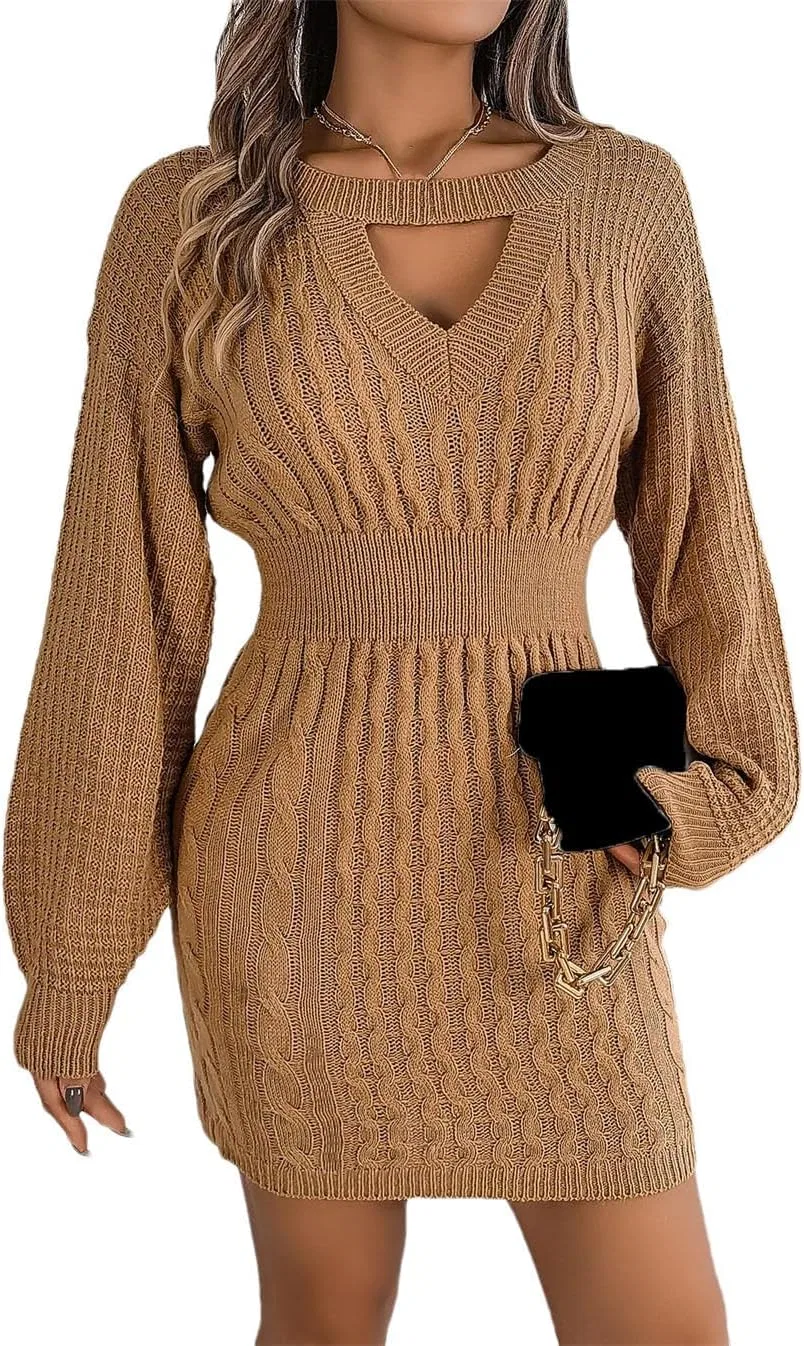 Женское мини-платье с фонариками рукавами вязаное, Solid Color, Black