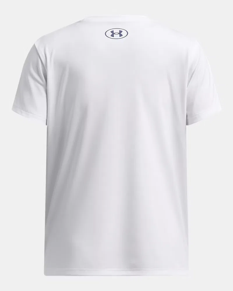 Футболка для девочек с коротким рукавом, быстросохнущая, UA Tech Split Wordmark UnderArmour, White/Harbor Blue/Downpour Gray — фото 2