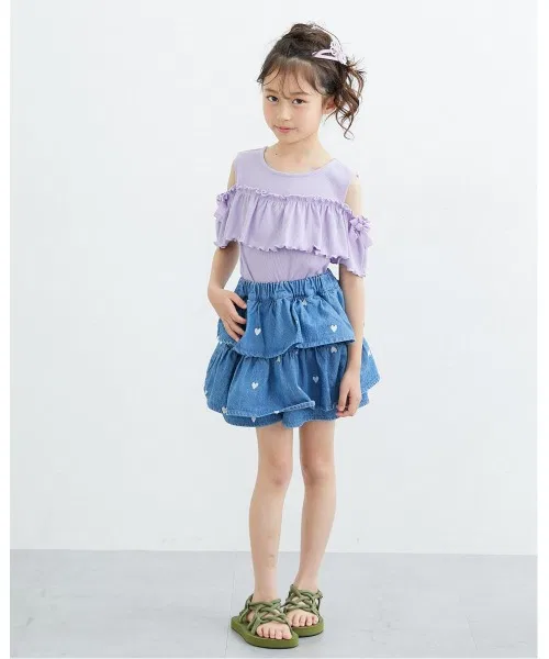 Детские джинсовые шорты-юбка с вышивкой в виде сердечек, модель Heart Embroidery Denim Tiered Pants-in-Skirt QUNTSTYLE, Navy — фото 4