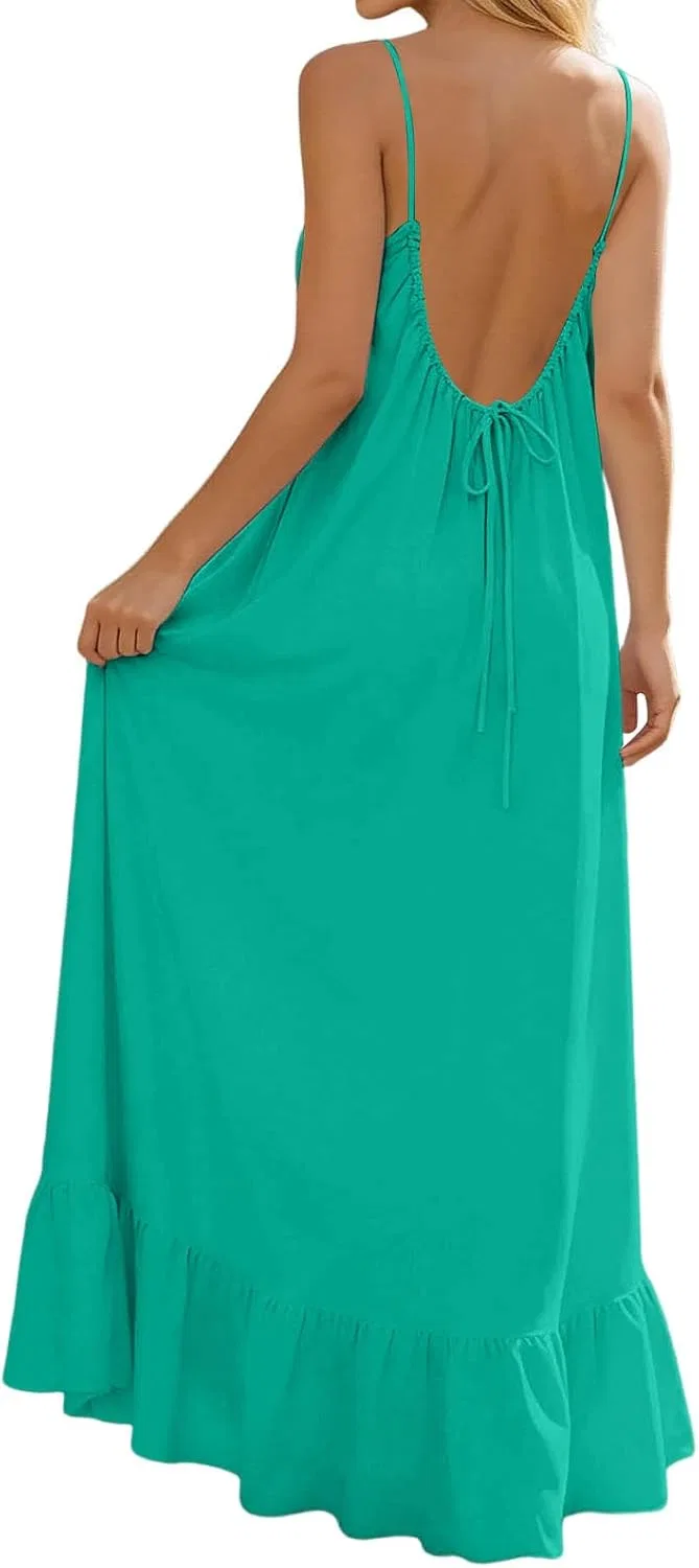 Женское пляжное платье-макси на бретелях с открытой спиной, Turquoise